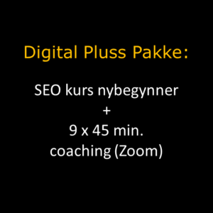 Digital Pluss i oransje overskrift og hvit tekst under hvor det står om SEO kurs og coaching via Zoom. Bakgrunnen er sort.
