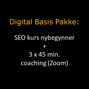 Digital Basis Pakke i oransje overskrift og hvit tekst under hvor det står om SEO kurs og coaching via Zoom. Bakgrunnen er sort.