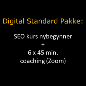 Digital Standard Pakke i oransje overskrift og hvit tekst under hvor det står om SEO kurs og coaching via Zoom. Bakgrunnen er sort.